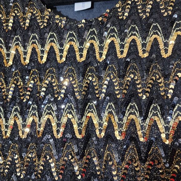 Roamans Black Gold Sequin VINTAGE Holiday Shell Top Plus Size 20/22 Stretch - Picture 13 of 16